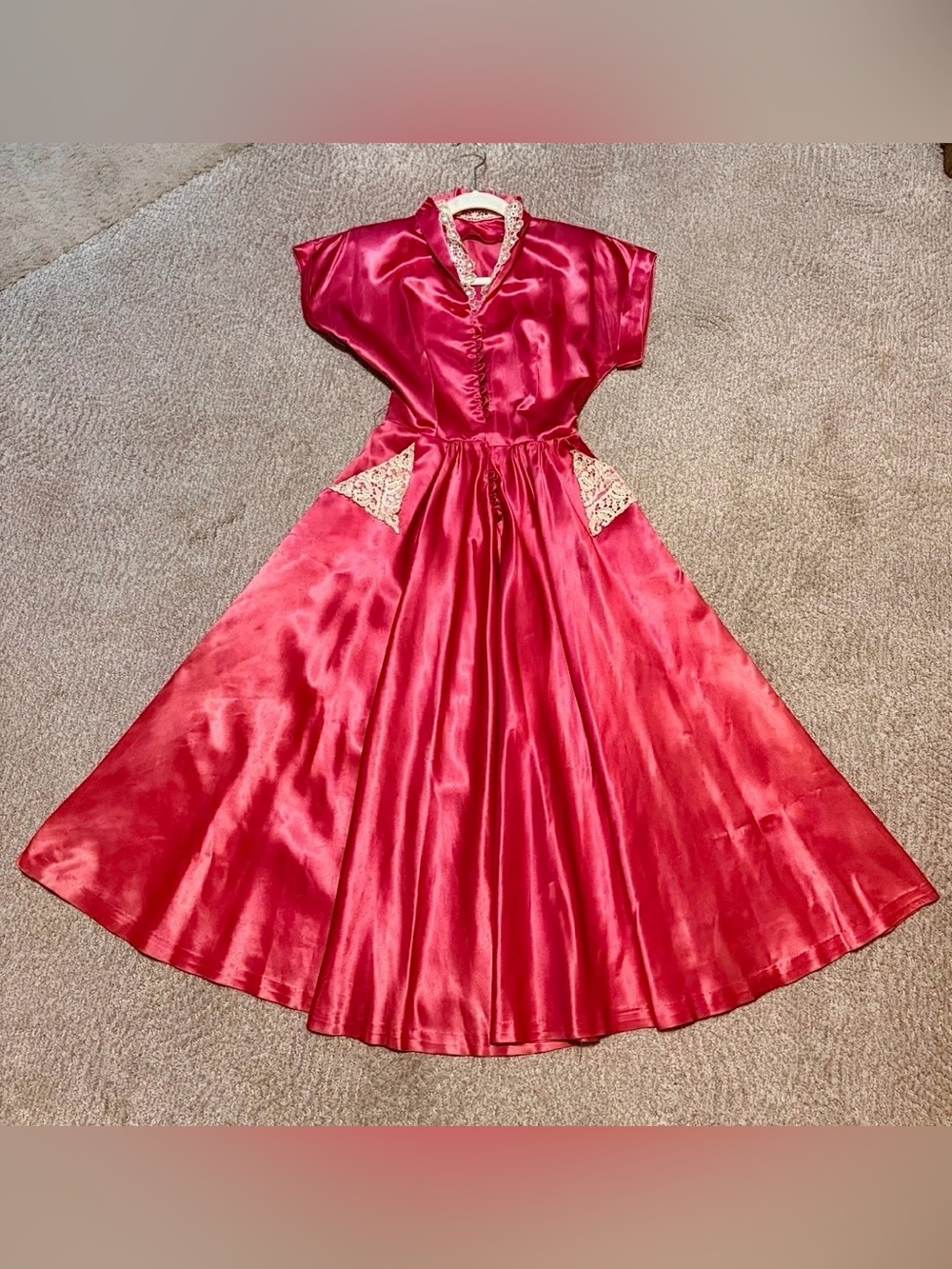 1930s 1940s RARE Hot Pink Liquid Satin Dress Ivory Lace Collar & Pockets XS